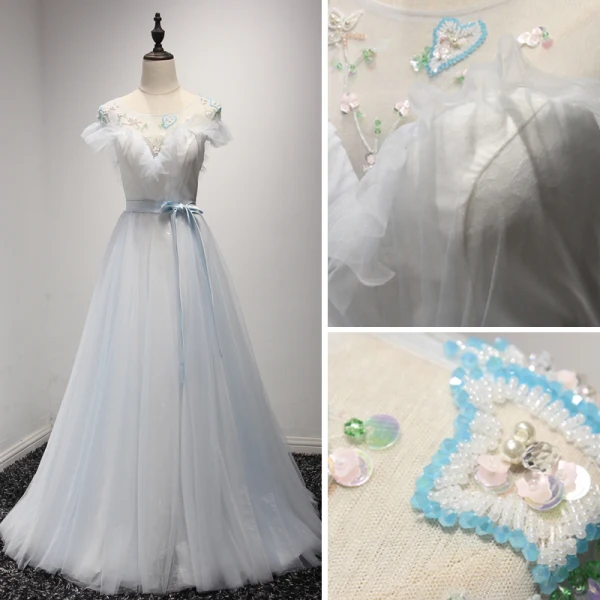 Élégant Robe De Ceremonie 2017 Robe De Soirée Bleu Ciel Gris Train De Balayage Princesse Volants en Cascade Encolure Dégagée Manches Courtes Dos Nu Ceinture Perlage Cristal Paillettes Perle