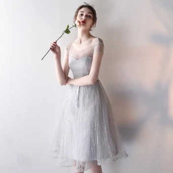 Modest Simple Wedding Party Dresses 2017 Wedding Bridesmaid Dresses Silver A Line Princess Knee Length Short Sleeve Scoop Neck Backless