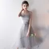 Modest / Simple Wedding Party Dresses 2017 Wedding Bridesmaid Dresses Silver A-Line / Princess Knee-Length Short Sleeve Scoop Neck Backless
