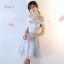 Modern / Fashion Wedding Party Dresses 2017 Wedding Bridesmaid Dresses Silver Short A-Line / Princess V-Neck Backless 1/2 Sleeves Glitter Appliques Flower