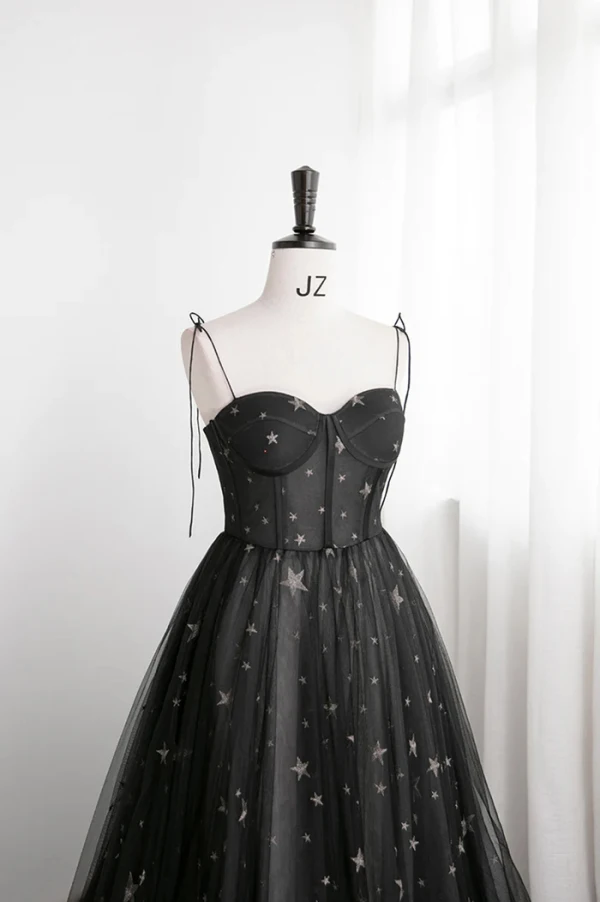 Fashion Black Star Sequins Prom Dresses 2024 A-Line / Princess Spaghetti Straps Sleeveless Backless Floor-Length / Long Formal Dresses
