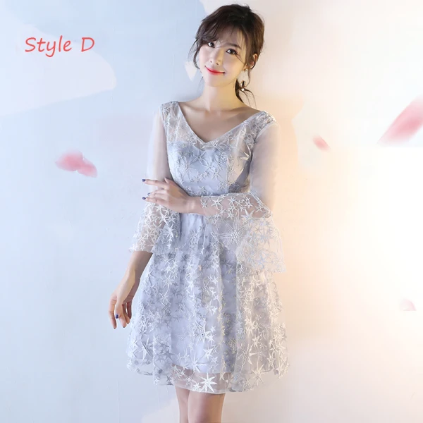 Modern / Fashion Wedding Party Dresses 2017 Wedding Bridesmaid Dresses Silver Short A-Line / Princess V-Neck Backless 1/2 Sleeves Glitter Appliques Flower