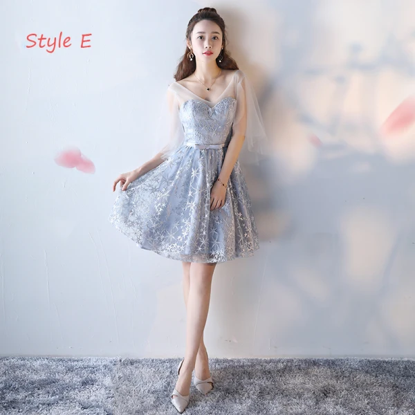 Modern / Fashion Wedding Party Dresses 2017 Wedding Bridesmaid Dresses Silver Short A-Line / Princess V-Neck Backless 1/2 Sleeves Glitter Appliques Flower