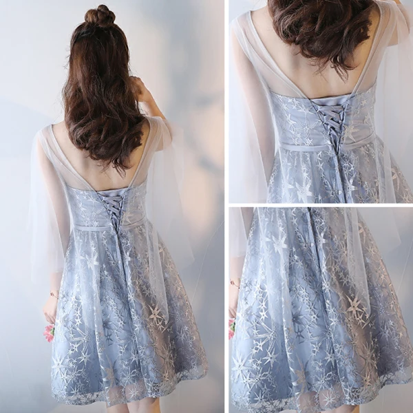 Modern / Fashion Wedding Party Dresses 2017 Wedding Bridesmaid Dresses Silver Short A-Line / Princess V-Neck Backless 1/2 Sleeves Glitter Appliques Flower