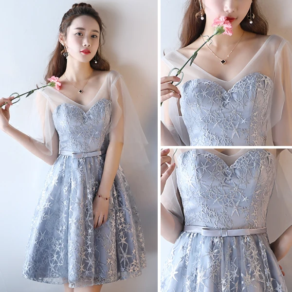 Modern / Fashion Wedding Party Dresses 2017 Wedding Bridesmaid Dresses Silver Short A-Line / Princess V-Neck Backless 1/2 Sleeves Glitter Appliques Flower