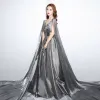 Amazing / Unique Silver Glitter Evening Dresses  2017 A-Line / Princess V-Neck Sleeveless Sash Chapel Train Cascading Ruffles Backless Formal Dresses