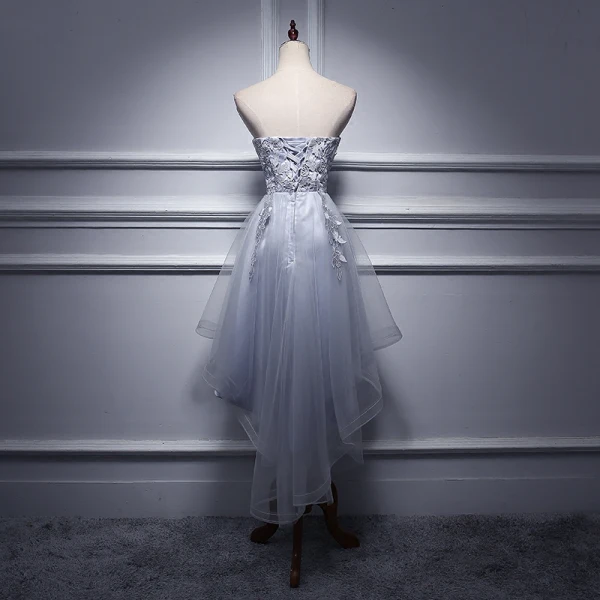 2 Piece Formal Dresses 2017 Cocktail Dresses Grey A-Line / Princess Asymmetrical Backless Sleeveless Strapless Appliques Flower