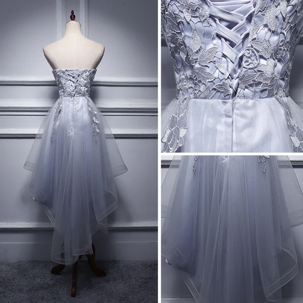 2 Piece Formal Dresses 2017 Cocktail Dresses Grey A-Line / Princess Asymmetrical Backless Sleeveless Strapless Appliques Flower
