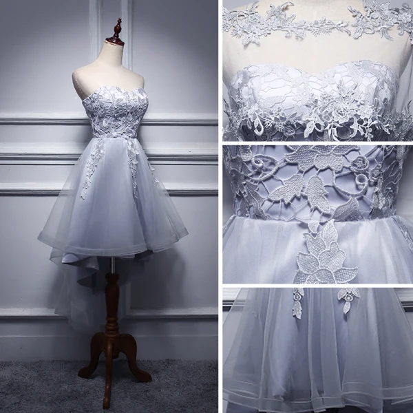2 Piece Formal Dresses 2017 Cocktail Dresses Grey A-Line / Princess Asymmetrical Backless Sleeveless Strapless Appliques Flower