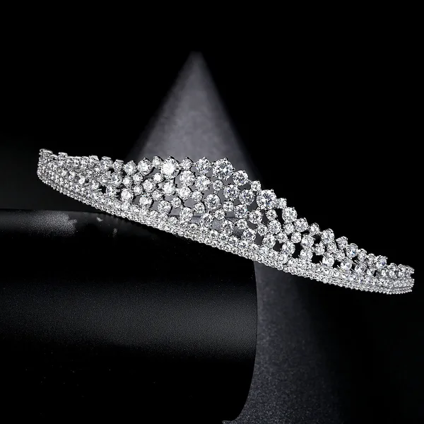 Eleganckie Srebrny Rhinestone Ślub Tiara 2022 Ozdoby Do Włosów Ślubne Cyrkon Stop