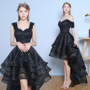 Fine Formelle Kjoler 2017 Cocktailkjoler Svart Prinsesse Asymmetrisk Gripende Ruffles Av Skulderen Ryggløse Uten Ermer Blonder Appliques Perle
