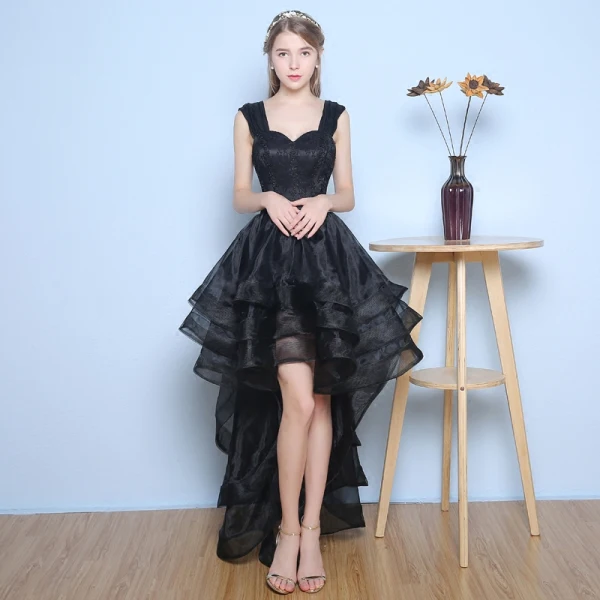 Chic / Beautiful Formal Dresses 2017 Cocktail Dresses Black A-Line / Princess Asymmetrical Cascading Ruffles Off-The-Shoulder Backless Sleeveless Lace Appliques Pearl