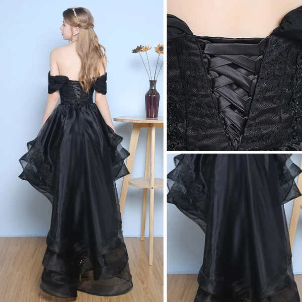 Chic / Beautiful Formal Dresses 2017 Cocktail Dresses Black A-Line / Princess Asymmetrical Cascading Ruffles Off-The-Shoulder Backless Sleeveless Lace Appliques Pearl