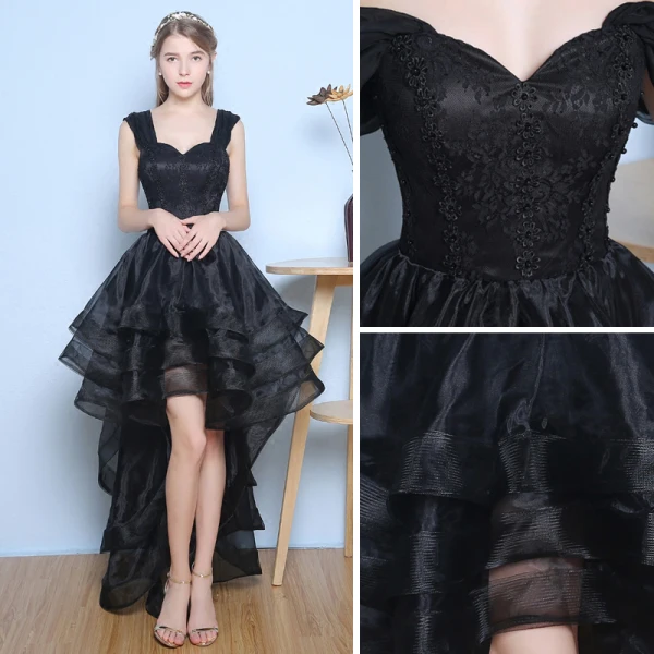 Chic / Beautiful Formal Dresses 2017 Cocktail Dresses Black A-Line / Princess Asymmetrical Cascading Ruffles Off-The-Shoulder Backless Sleeveless Lace Appliques Pearl