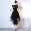 Chic / Beautiful Black Cocktail Dresses 2017 A-Line / Princess Scoop Neck Sleeveless Appliques Flower Asymmetrical Cascading Ruffles Formal Dresses