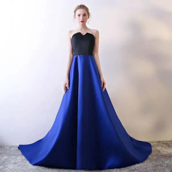 Modest / Simple Royal Blue Evening Dresses  2018 A-Line / Princess Sweetheart Sleeveless Metal Sash Cathedral Train Backless Formal Dresses