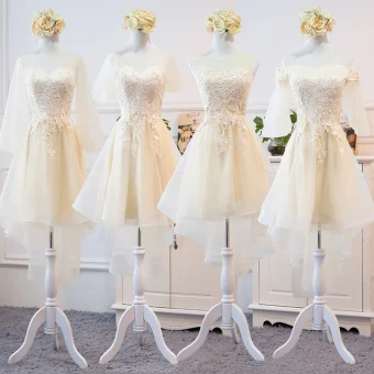 High Low Champagne Summer Bridesmaid Dresses 2018 A Line Princess Appliques Lace Asymmetrical Ruffle Backless Wedding Party Dresses
