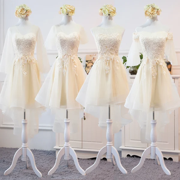 High Low Champagne Summer Bridesmaid Dresses 2018 A-Line / Princess Appliques Lace Asymmetrical Ruffle Backless Wedding Party Dresses