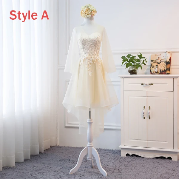 High Low Champagne Summer Bridesmaid Dresses 2018 A-Line / Princess Appliques Lace Asymmetrical Ruffle Backless Wedding Party Dresses