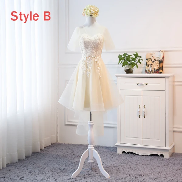 High Low Champagne Summer Bridesmaid Dresses 2018 A-Line / Princess Appliques Lace Asymmetrical Ruffle Backless Wedding Party Dresses