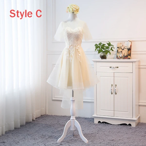 High Low Champagne Summer Bridesmaid Dresses 2018 A-Line / Princess Appliques Lace Asymmetrical Ruffle Backless Wedding Party Dresses