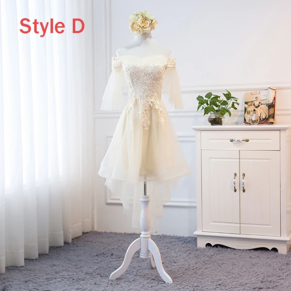 High Low Champagne Summer Bridesmaid Dresses 2018 A-Line / Princess Appliques Lace Asymmetrical Ruffle Backless Wedding Party Dresses
