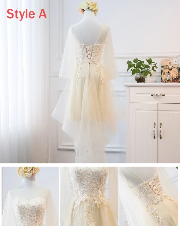 High Low Champagne Summer Bridesmaid Dresses 2018 A-Line / Princess Appliques Lace Asymmetrical Ruffle Backless Wedding Party Dresses