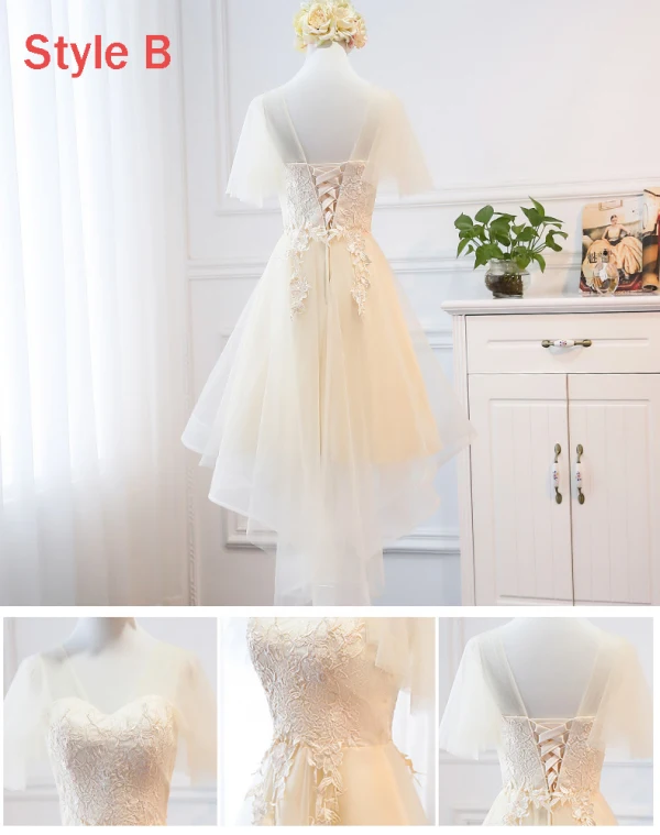 High Low Champagne Summer Bridesmaid Dresses 2018 A-Line / Princess Appliques Lace Asymmetrical Ruffle Backless Wedding Party Dresses