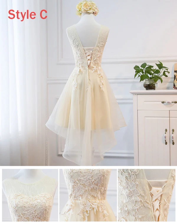 High Low Champagne Summer Bridesmaid Dresses 2018 A-Line / Princess Appliques Lace Asymmetrical Ruffle Backless Wedding Party Dresses