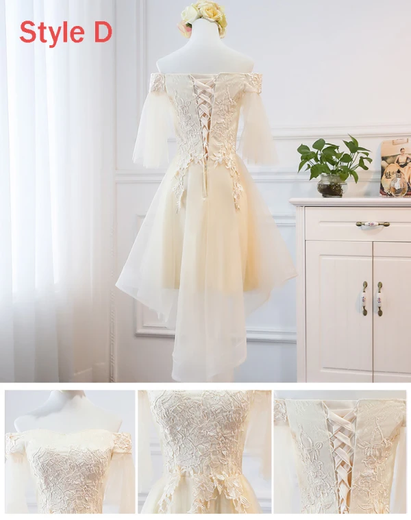High Low Champagne Summer Bridesmaid Dresses 2018 A-Line / Princess Appliques Lace Asymmetrical Ruffle Backless Wedding Party Dresses
