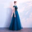 Chic / Beautiful Ocean Blue Prom Dresses 2018 A-Line / Princess Beading Crystal Scoop Neck Short Sleeve Ankle Length Formal Dresses