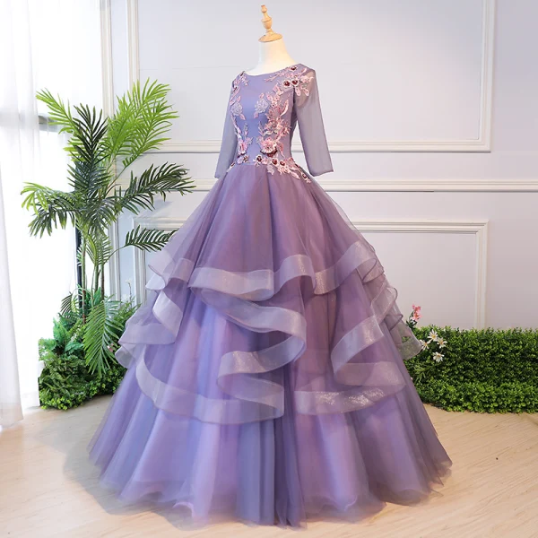 Elegant Lavender Quinceañera Prom Dresses 2018 Ball Gown Appliques Pearl Square Neckline Backless 3/4 Sleeve Cascading Ruffles Floor-Length / Long Formal Dresses