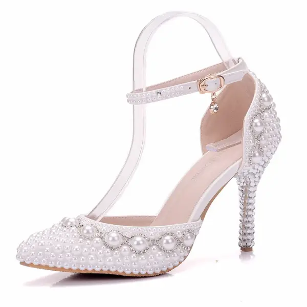 Modern / Fashion White Wedding Shoes 2018 Pearl Rhinestone Ankle Strap 9 cm Stiletto Heels Pointed Toe High Heels Wedding