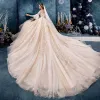 Elegante Champán Vestidos De Novia 2019 Ball Gown V-Cuello Lentejuelas Con Encaje Flor Mangas de campana Sin Espalda Royal Train