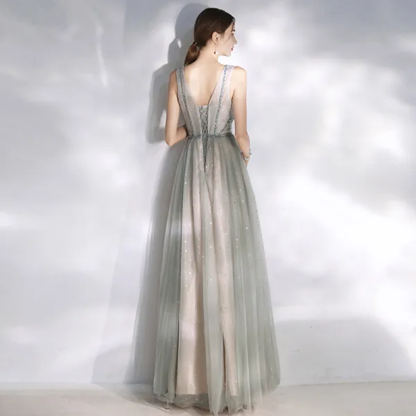 Modern / Fashion Grey Evening Dresses  2020 A-Line / Princess Scoop Neck Star Sequins Backless Crystal Sleeveless Floor-Length / Long Formal Dresses