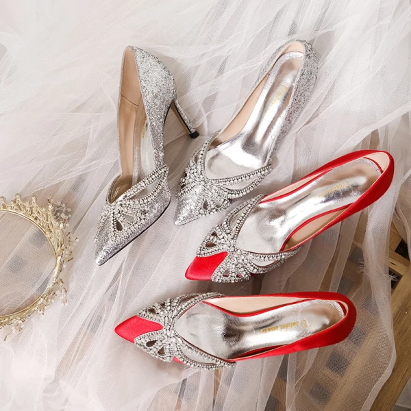 Charmant Argenté Percé Faux Diamant Papillon Chaussure De Mariée 2020 8 cm Talons Aiguilles À Bout Pointu Mariage Escarpins
