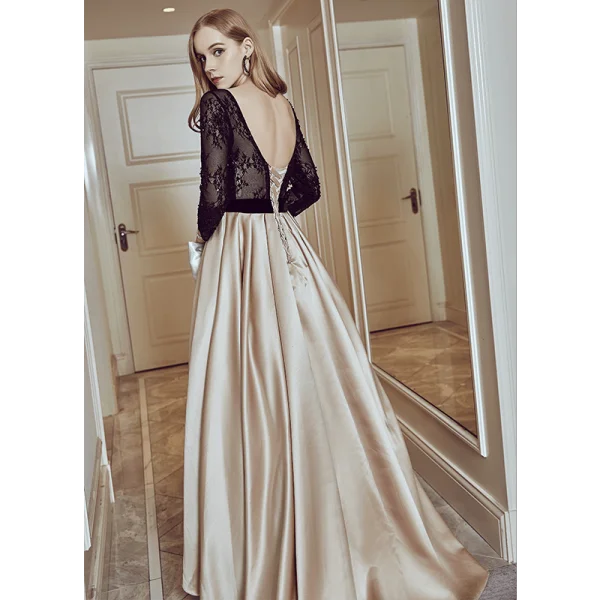 Elegant Champagne Evening Dresses 2018 A-Line / Princess Lace Flower Sequins Bow Scoop Neck Backless Long Sleeve Floor-Length / Long Formal Dresses