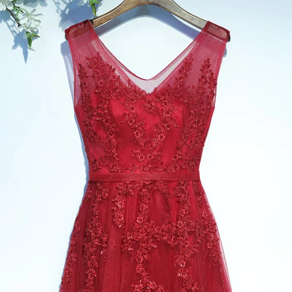Chic / Beautiful Red Formal Dresses Evening Dresses  2017 Lace Flower V-Neck Sleeveless A-Line / Princess