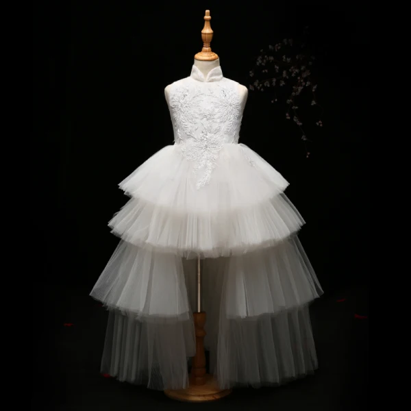Chic / Beautiful Detachable Flower Girl Dresses 2017 Ball Gown Lace Appliques Crystal High Neck Sleeveless Asymmetrical Wedding Party Dresses
