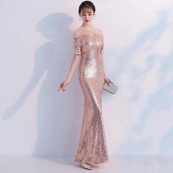 Sparkly Champagne Evening Dresses 2018 Trumpet / Mermaid Sequins Rhinestone Scoop Neck 1/2 Sleeves Floor-Length / Long Formal Dresses