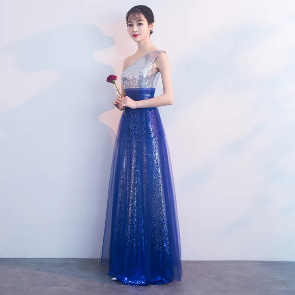 Glitzernden Königliches Blau Abendkleider 2018 A Linie Pailletten One-Shoulder Ärmellos Rückenfreies Lange Festliche Kleider