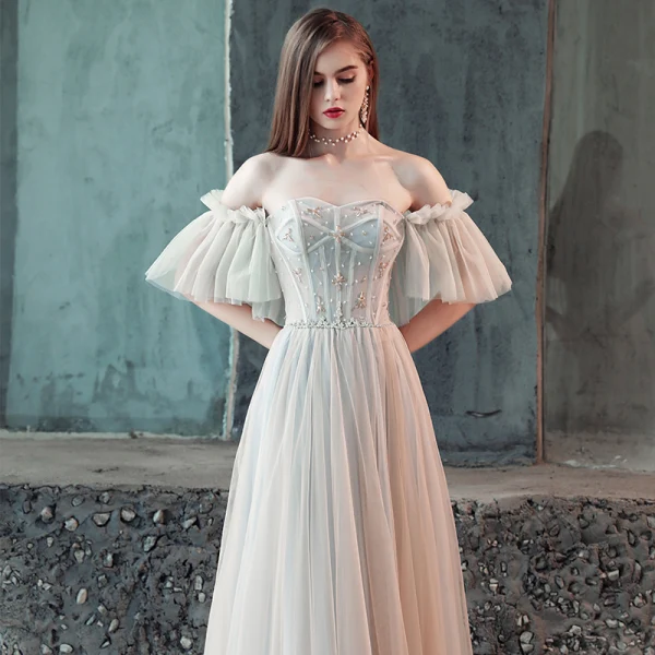 Elegant Grey Evening Dresses  2018 A-Line / Princess Pleated Beading Crystal Off-The-Shoulder Backless Short Sleeve Floor-Length / Long Formal Dresses