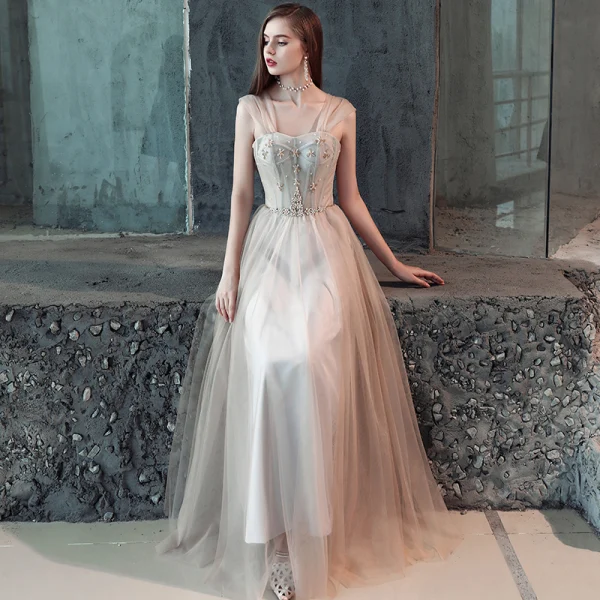 Charming Champagne Evening Dresses 2018 A-Line / Princess Crystal Off-The-Shoulder Backless Sleeveless Floor-Length / Long Formal Dresses