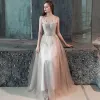Charming Champagne Evening Dresses  2018 A-Line / Princess Crystal Off-The-Shoulder Backless Sleeveless Floor-Length / Long Formal Dresses