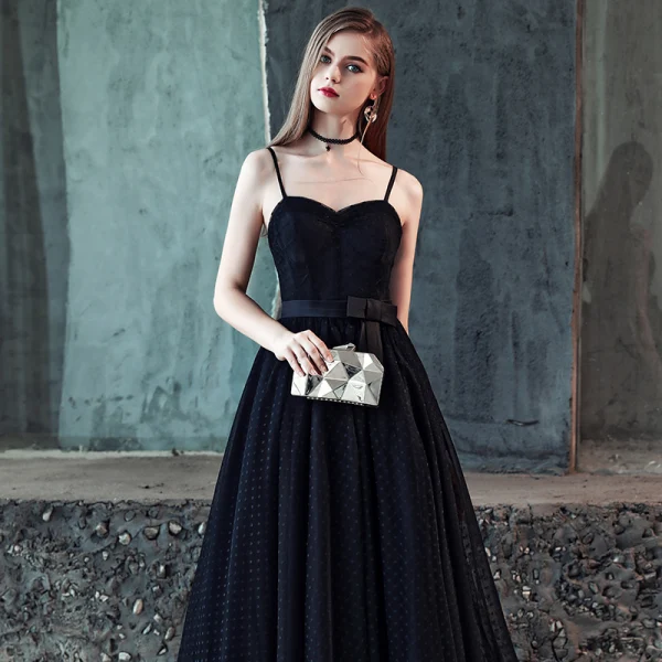 Chic / Belle Noire Robe De Bal 2018 Princesse Noeud Tachetée Bretelles Spaghetti Dos Nu Sans Manches Longue Robe De Ceremonie