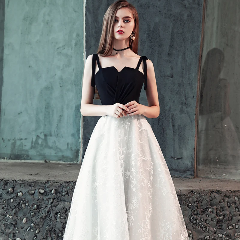 Elegant Black Prom Dresses 2018 A Line Princess Rhinestone Star Spaghetti  Straps Sleeveless Backless Tea Length Formal Dresses