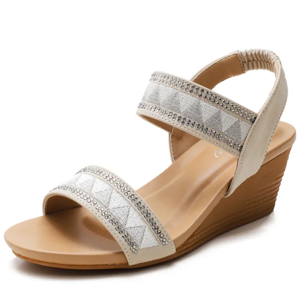 Bohemia Beige Rhinestone Street Wear Holiday Womens Sandals 2021 5 cm Wedges Open / Peep Toe Sandals