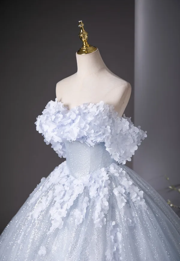 Chic / Beautiful Sky Blue Glitter Appliques Prom Dresses 2025 Ball Gown Off-The-Shoulder Short Sleeve Backless Floor-Length / Long Prom Formal Dresses