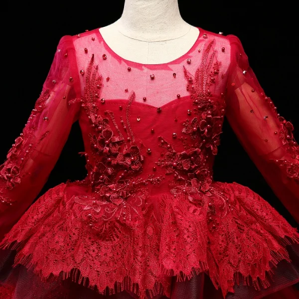 Chic / Beautiful Burgundy Flower Girl Dresses 2017 Ball Gown Lace Appliques Crystal Sequins Scoop Neck 3/4 Sleeve Court Train Wedding Party Dresses