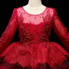 Chic / Beautiful Burgundy Flower Girl Dresses 2017 Ball Gown Lace Appliques Crystal Sequins Scoop Neck 3/4 Sleeve Court Train Wedding Party Dresses